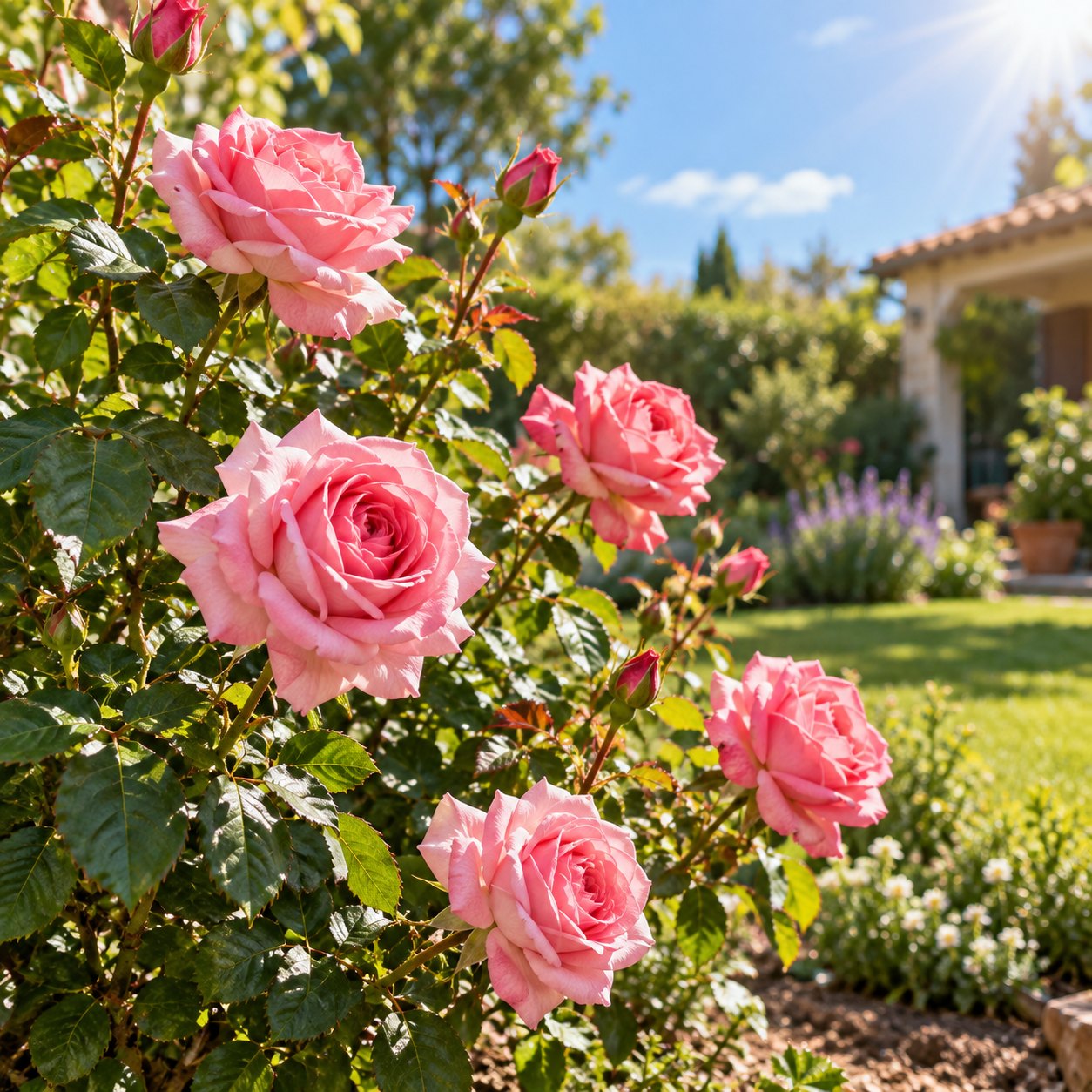 Rosal con flores creciendo con sol directo