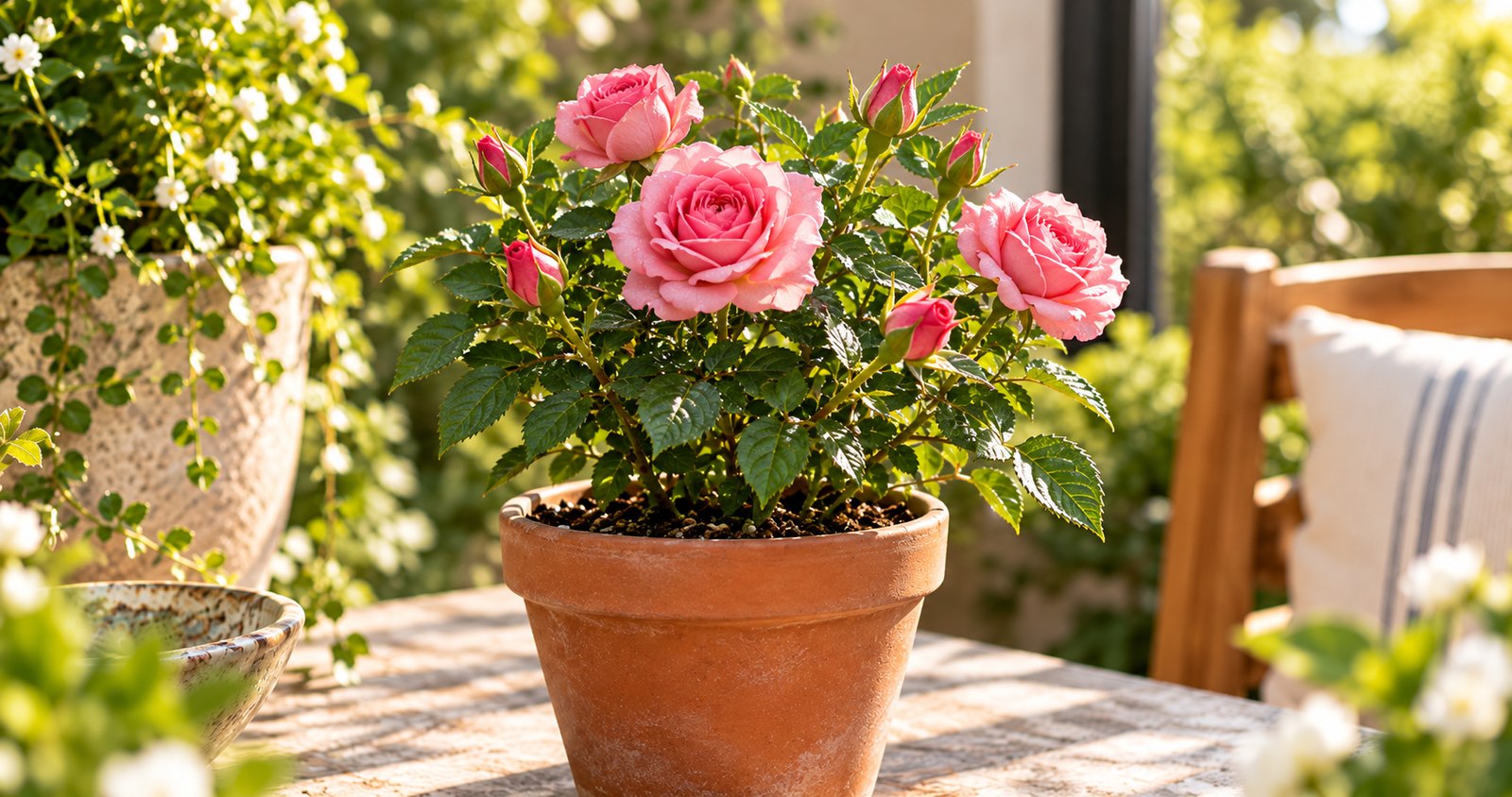 Planta de rosa en maceta con flores