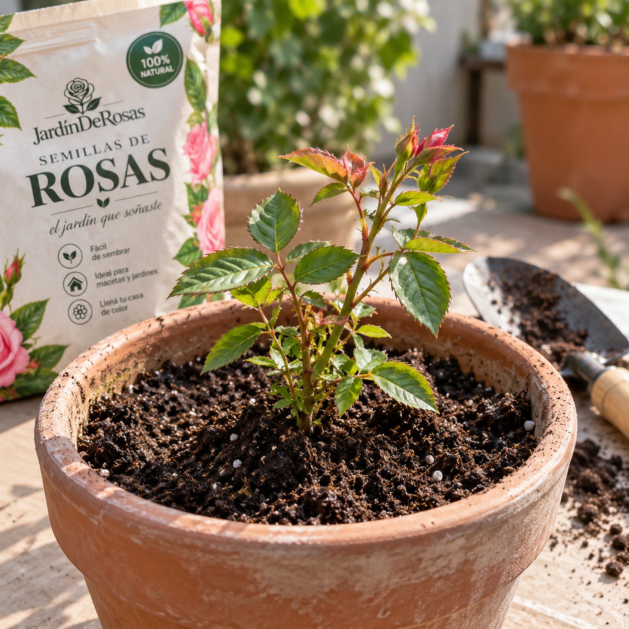 Plantín de rosa recién trasplantado en maceta