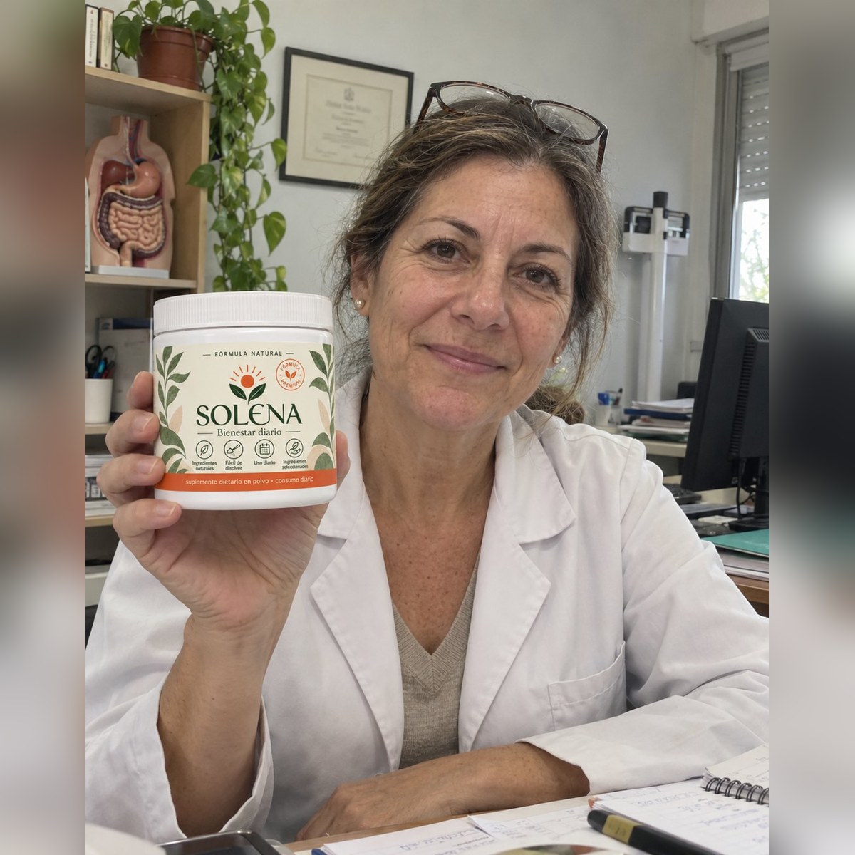 Pote de SOLENA con su cuchara medidora sobre la mesada de la cocina, al lado de un vaso de agua — foto 2 de 8