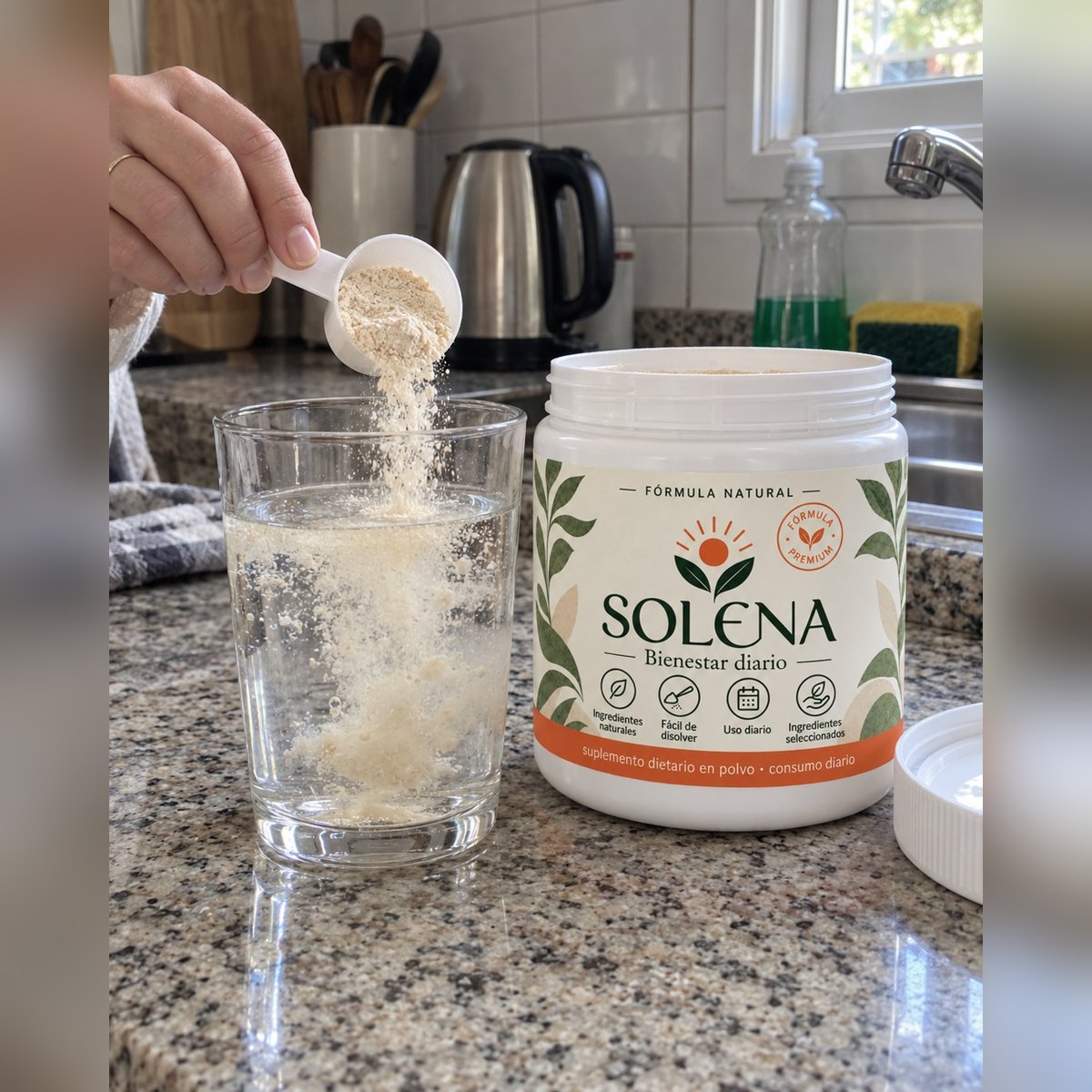 Pote de SOLENA con su cuchara medidora sobre la mesada de la cocina, al lado de un vaso de agua — foto 7 de 8